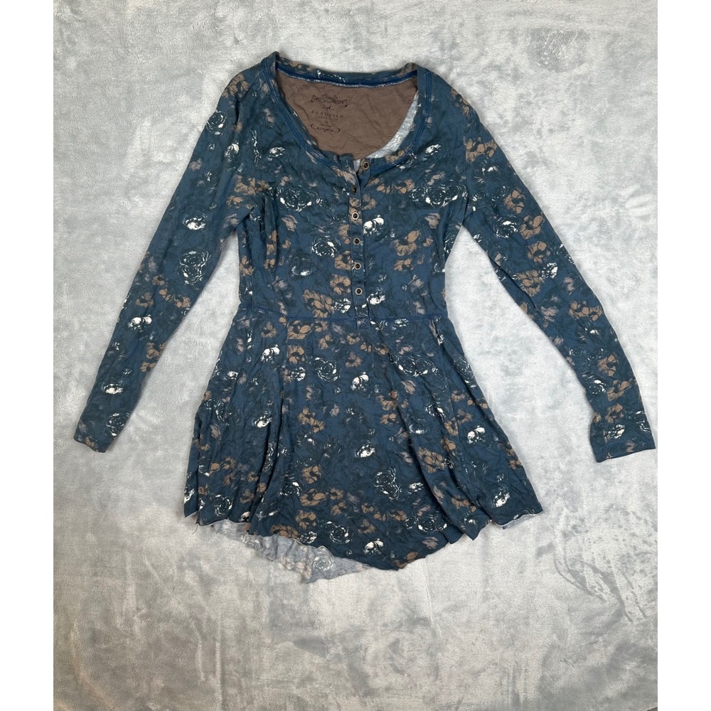 Peruvian Connection Floral Henley Top Blue Pima Cotton Modal XS Long Sleeve